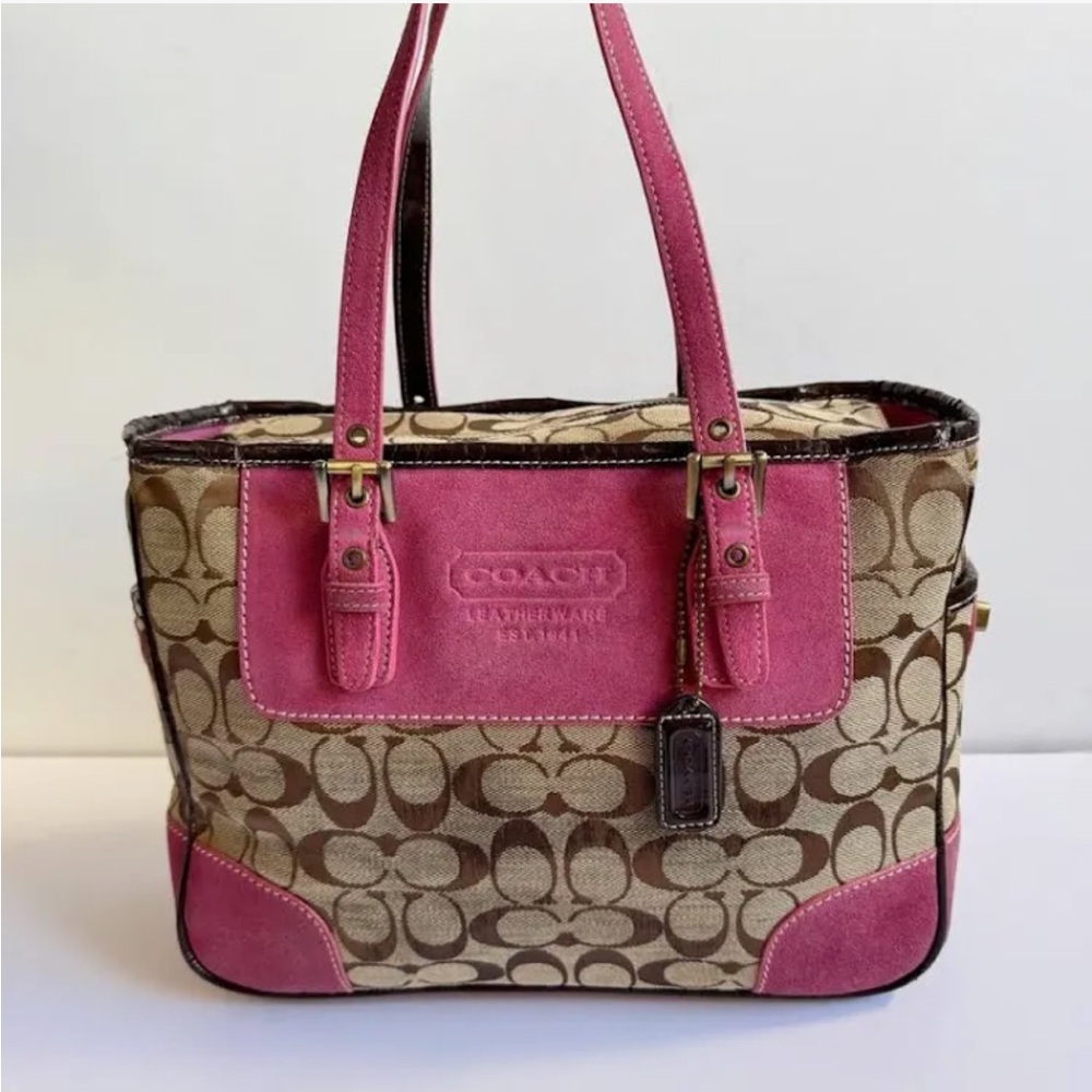 VINTAGE COACH HAMPTON SIGNATURE TAN CANVAS &PINK SUEDE LEATHER TRIM TOTE BAG
